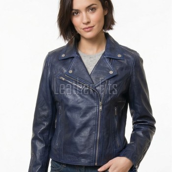 Women's Luxury Navy Blue Leather Biker Jacket - Slim Fit Asymmetric Genuine Lambskin Motorcycle Statement Classic Multi-Zip Moto Coat