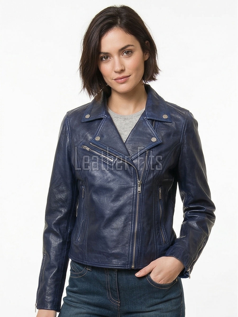 Women's Luxury Navy Blue Leather Biker Jacket - Slim Fit Asymmetric Genuine Lambskin Motorcycle Statement Classic Multi-Zip Moto Coat