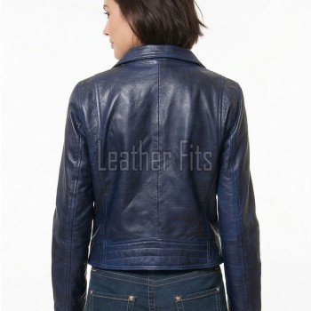 Women's Luxury Navy Blue Leather Biker Jacket - Slim Fit Asymmetric Genuine Lambskin Motorcycle Statement Classic Multi-Zip Moto Coat
