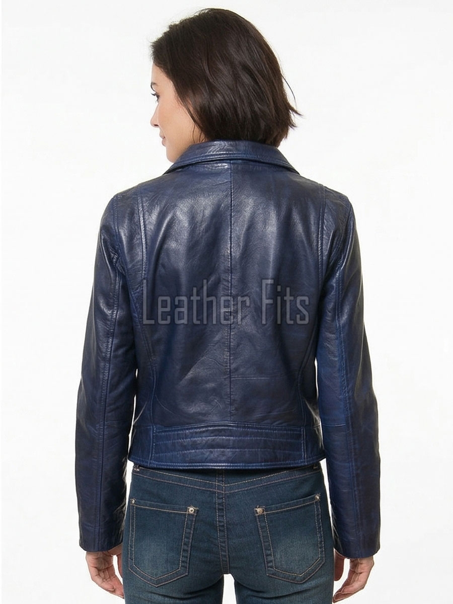Women's Luxury Navy Blue Leather Biker Jacket - Slim Fit Asymmetric Genuine Lambskin Motorcycle Statement Classic Multi-Zip Moto Coat