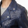 Women's Luxury Navy Blue Leather Biker Jacket - Slim Fit Asymmetric Genuine Lambskin Motorcycle Statement Classic Multi-Zip Moto Coat