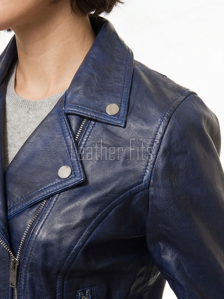 Women's Luxury Navy Blue Leather Biker Jacket - Slim Fit Asymmetric Genuine Lambskin Motorcycle Statement Classic Multi-Zip Moto Coat