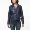 Women's Luxury Navy Blue Leather Biker Jacket - Slim Fit Asymmetric Genuine Lambskin Motorcycle Statement Classic Multi-Zip Moto Coat