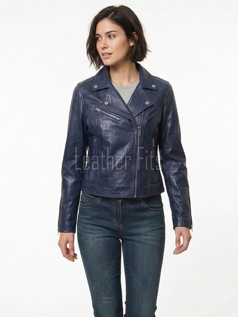 Women's Luxury Navy Blue Leather Biker Jacket - Slim Fit Asymmetric Genuine Lambskin Motorcycle Statement Classic Multi-Zip Moto Coat