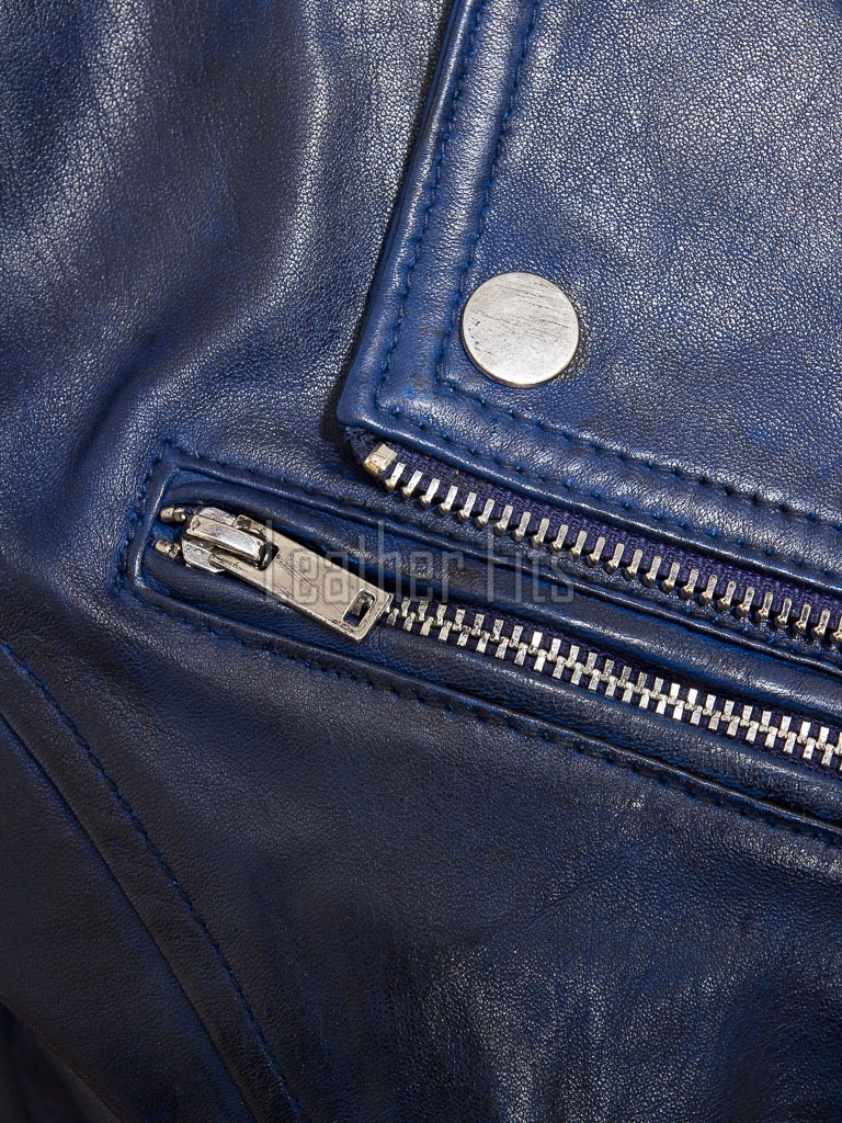 Women's Luxury Navy Blue Leather Biker Jacket - Slim Fit Asymmetric Genuine Lambskin Motorcycle Statement Classic Multi-Zip Moto Coat