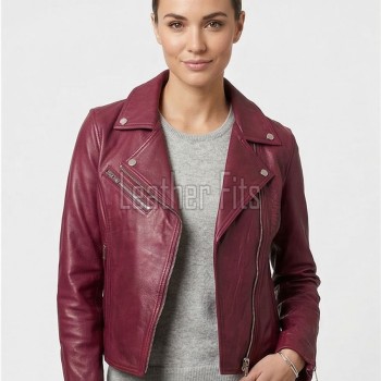 Women's Luxury Maroon Leather Biker Jacket - Slim Fit Asymmetric Genuine Sheepskin Motorcycle Statement Classic Wine Red Moto Coat