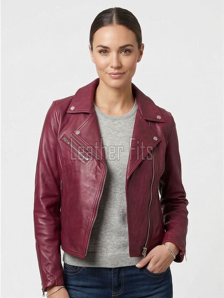 Women's Luxury Maroon Leather Biker Jacket - Slim Fit Asymmetric Genuine Sheepskin Motorcycle Statement Classic Wine Red Moto Coat