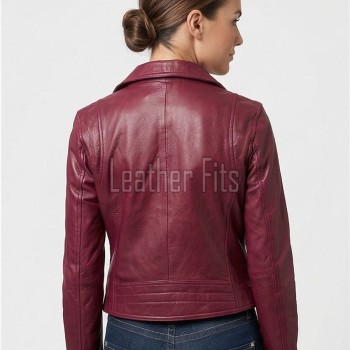 Women's Luxury Maroon Leather Biker Jacket - Slim Fit Asymmetric Genuine Sheepskin Motorcycle Statement Classic Wine Red Moto Coat
