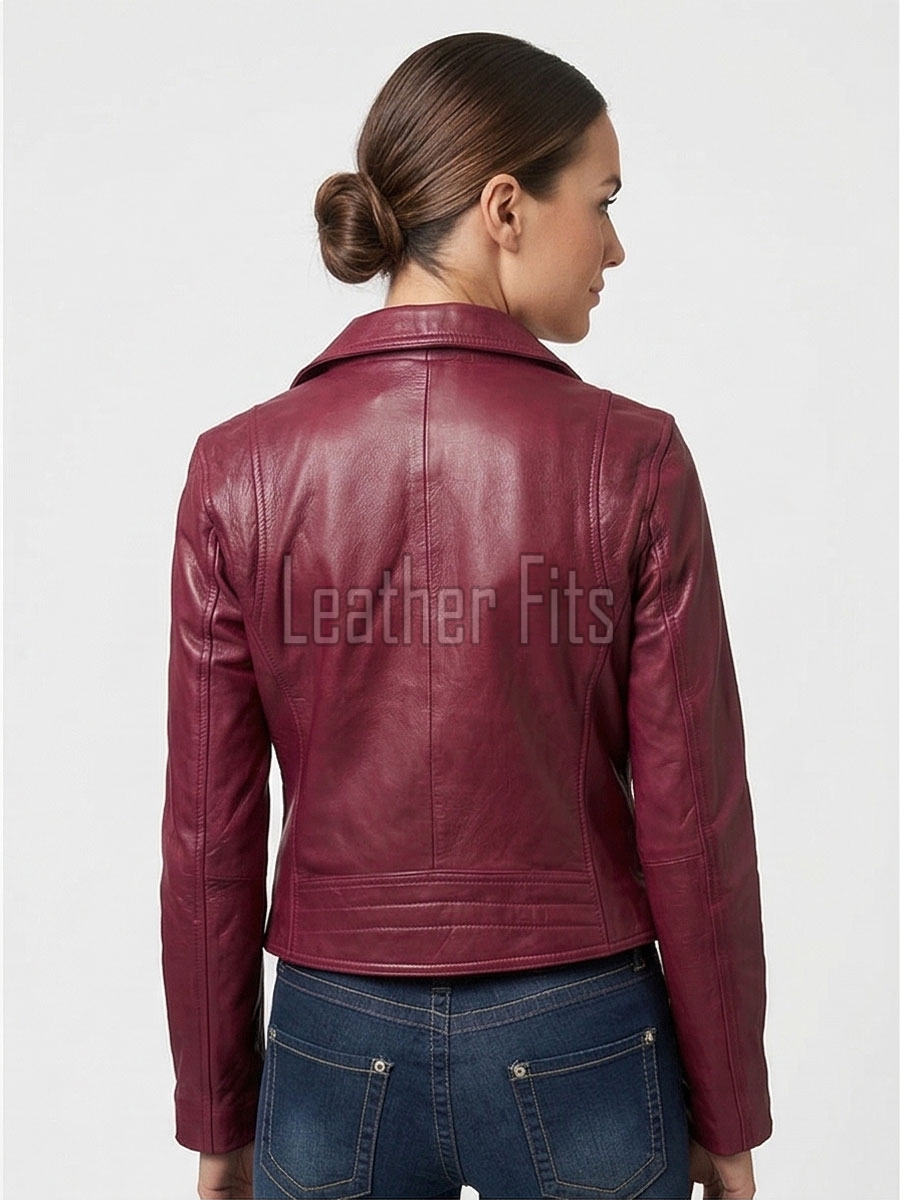 Women's Luxury Maroon Leather Biker Jacket - Slim Fit Asymmetric Genuine Sheepskin Motorcycle Statement Classic Wine Red Moto Coat