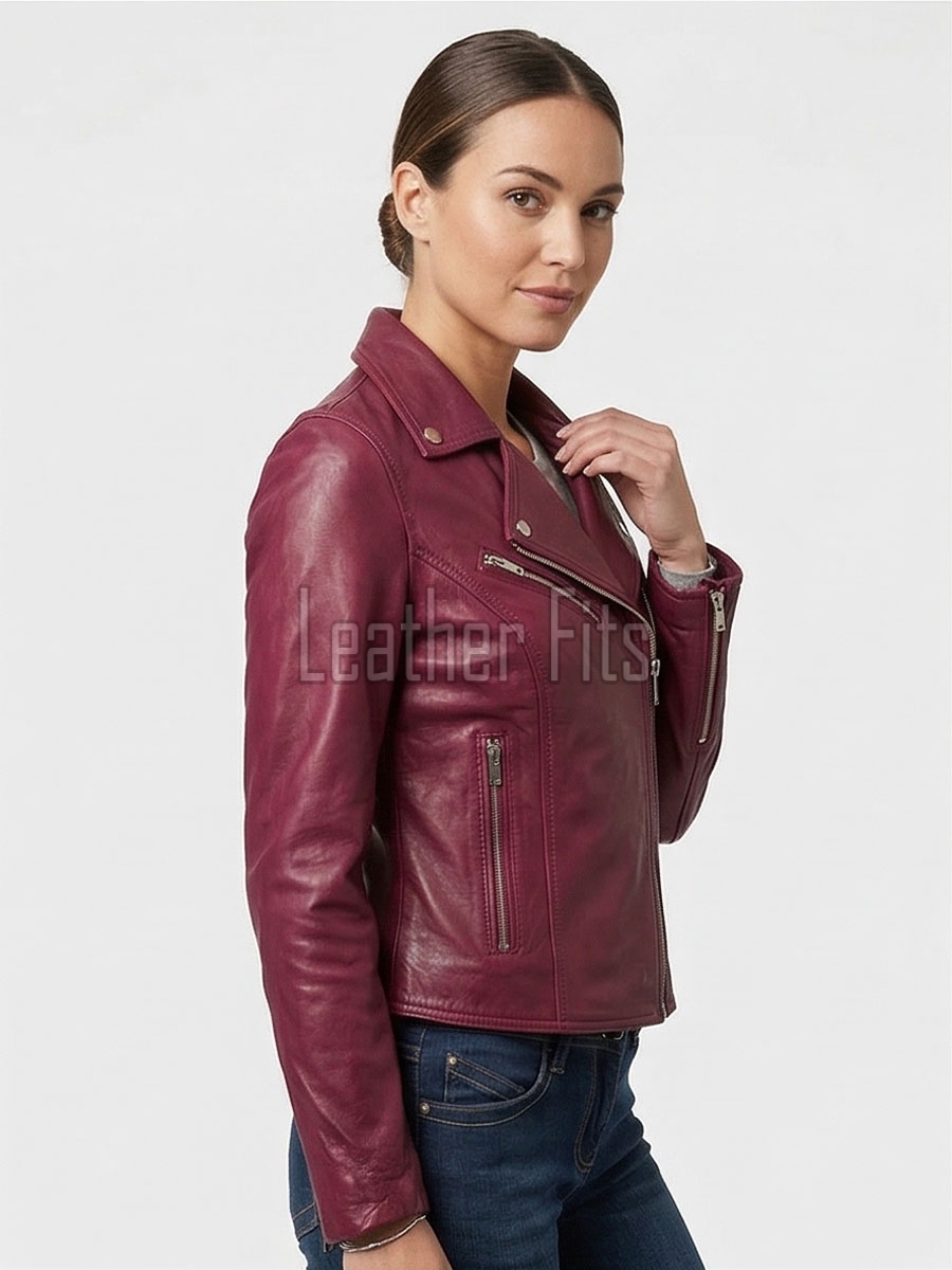 Women's Luxury Maroon Leather Biker Jacket - Slim Fit Asymmetric Genuine Sheepskin Motorcycle Statement Classic Wine Red Moto Coat