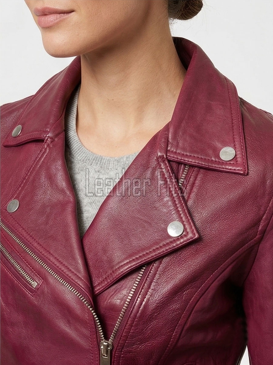 Women's Luxury Maroon Leather Biker Jacket - Slim Fit Asymmetric Genuine Sheepskin Motorcycle Statement Classic Wine Red Moto Coat