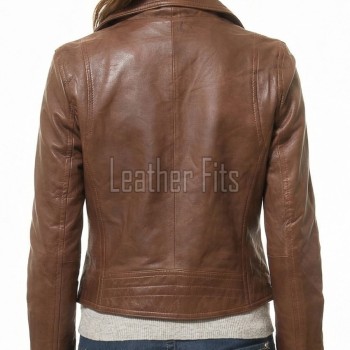 Women's Luxury Brown Leather Biker Jacket - Slim Fit Asymmetric Genuine Cowhide Motorcycle Statement Classic Tan Multi-Zip Moto Coat