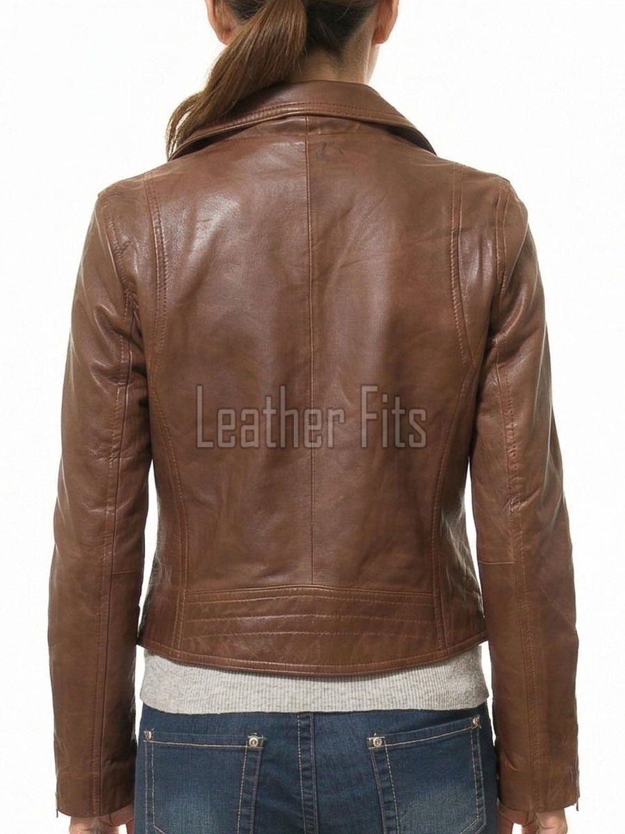 Women's Luxury Brown Leather Biker Jacket - Slim Fit Asymmetric Genuine Cowhide Motorcycle Statement Classic Tan Multi-Zip Moto Coat