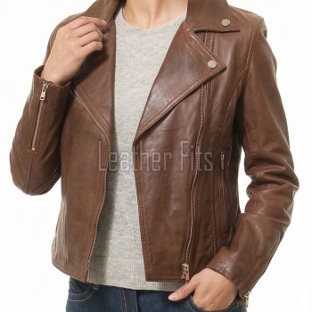Women's Luxury Brown Leather Biker Jacket - Slim Fit Asymmetric Genuine Cowhide Motorcycle Statement Classic Tan Multi-Zip Moto Coat