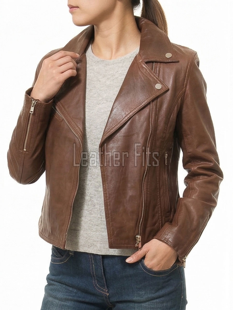 Women's Luxury Brown Leather Biker Jacket - Slim Fit Asymmetric Genuine Cowhide Motorcycle Statement Classic Tan Multi-Zip Moto Coat