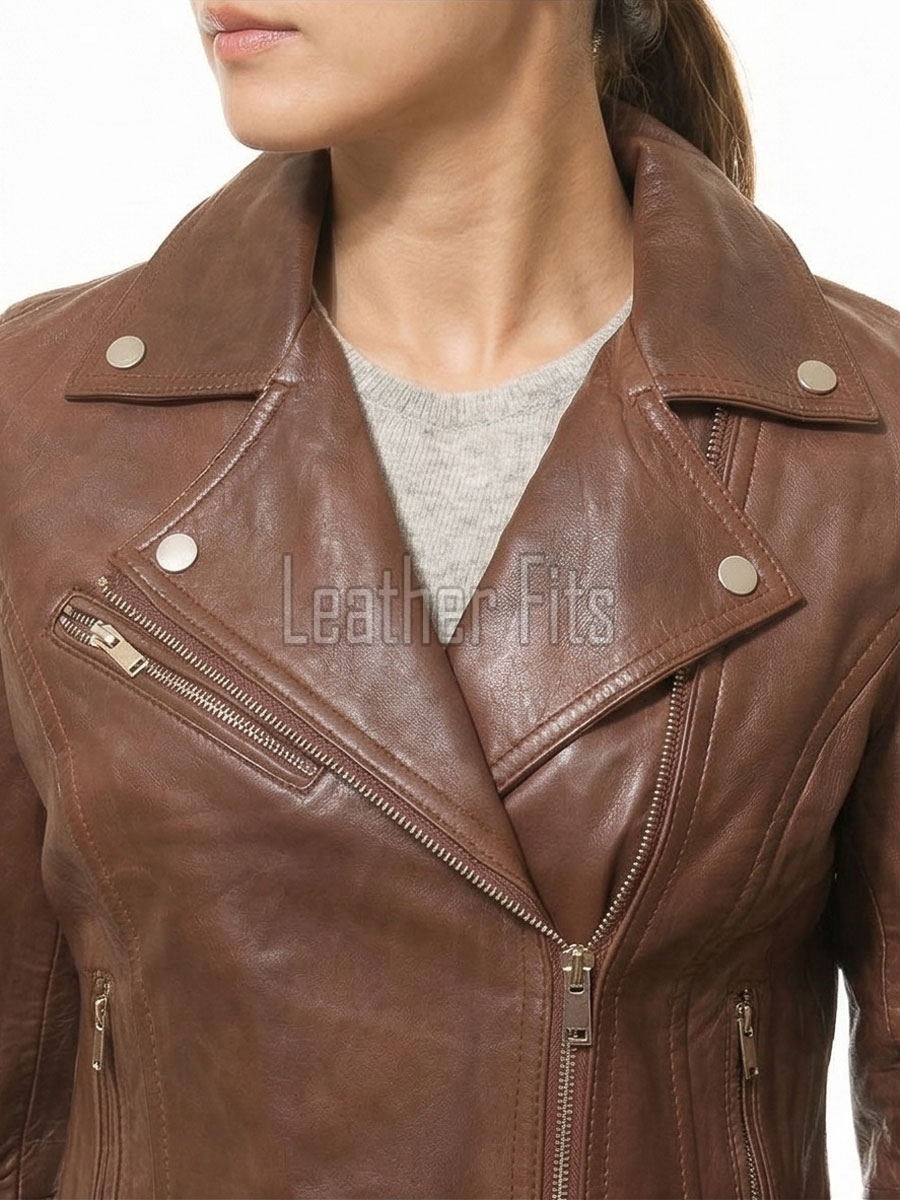 Women's Luxury Brown Leather Biker Jacket - Slim Fit Asymmetric Genuine Cowhide Motorcycle Statement Classic Tan Multi-Zip Moto Coat