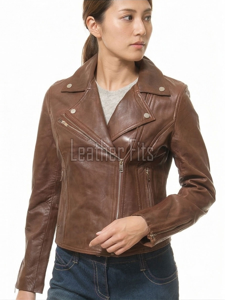 Women's Luxury Brown Leather Biker Jacket - Slim Fit Asymmetric Genuine Cowhide Motorcycle Statement Classic Tan Multi-Zip Moto Coat