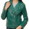 Women's Luxury Green Leather Biker Jacket - Slim Fit Asymmetric Genuine Lambskin Motorcycle Statement Classic Emerald Moto Coat