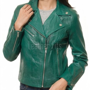 Women's Luxury Green Leather Biker Jacket - Slim Fit Asymmetric Genuine Lambskin Motorcycle Statement Classic Emerald Moto Coat