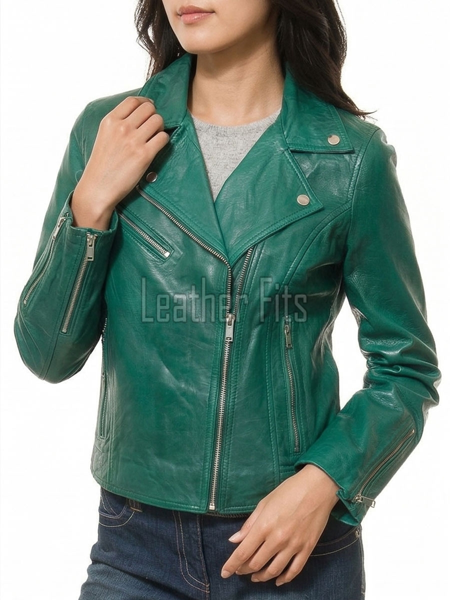 Women's Luxury Green Leather Biker Jacket - Slim Fit Asymmetric Genuine Lambskin Motorcycle Statement Classic Emerald Moto Coat