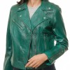 Women's Luxury Green Leather Biker Jacket - Slim Fit Asymmetric Genuine Lambskin Motorcycle Statement Classic Emerald Moto Coat
