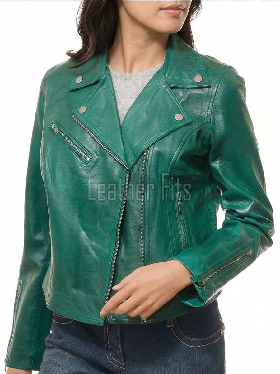 Women's Luxury Green Leather Biker Jacket - Slim Fit Asymmetric Genuine Lambskin Motorcycle Statement Classic Emerald Moto Coat