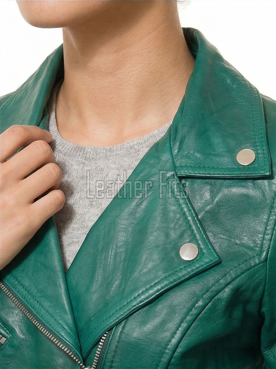 Women's Luxury Green Leather Biker Jacket - Slim Fit Asymmetric Genuine Lambskin Motorcycle Statement Classic Emerald Moto Coat