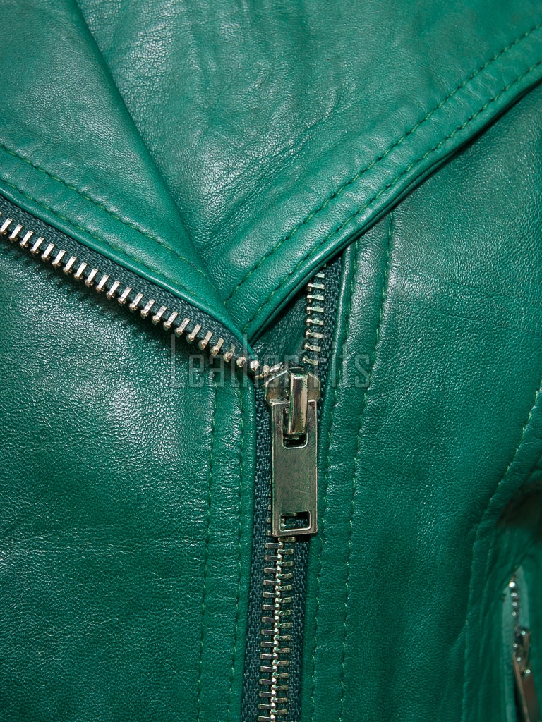 Women's Luxury Green Leather Biker Jacket - Slim Fit Asymmetric Genuine Lambskin Motorcycle Statement Classic Emerald Moto Coat