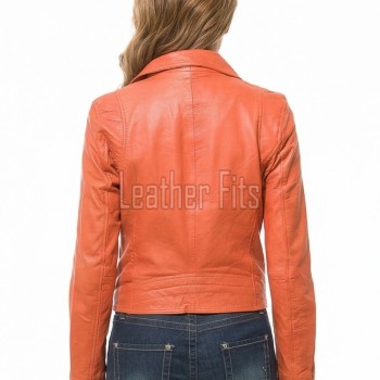 Women's Luxury Orange Leather Biker Jacket - Slim Fit Asymmetric Genuine Lambskin Motorcycle Statement Classic Coral Moto Coat