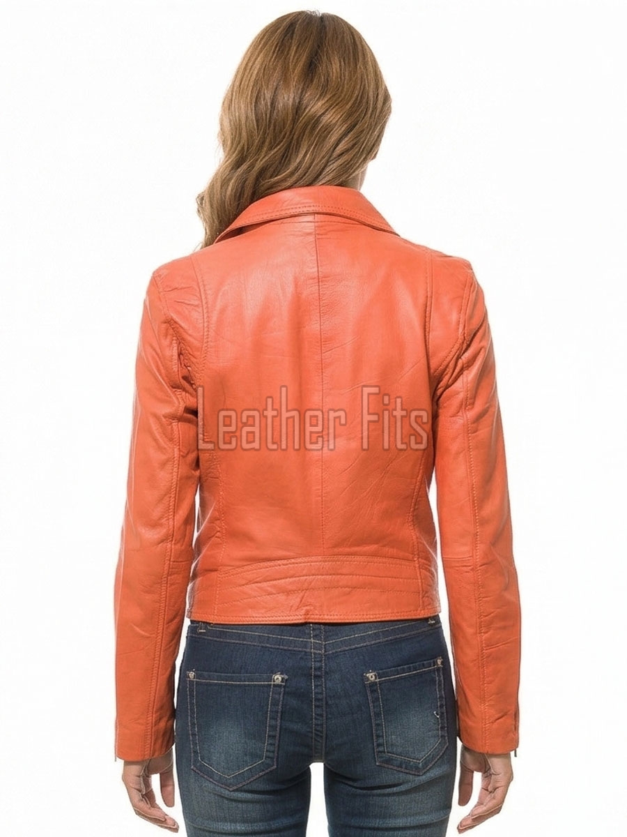 Women's Luxury Orange Leather Biker Jacket - Slim Fit Asymmetric Genuine Lambskin Motorcycle Statement Classic Coral Moto Coat