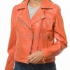 Women's Luxury Orange Leather Biker Jacket - Slim Fit Asymmetric Genuine Lambskin Motorcycle Statement Classic Coral Moto Coat