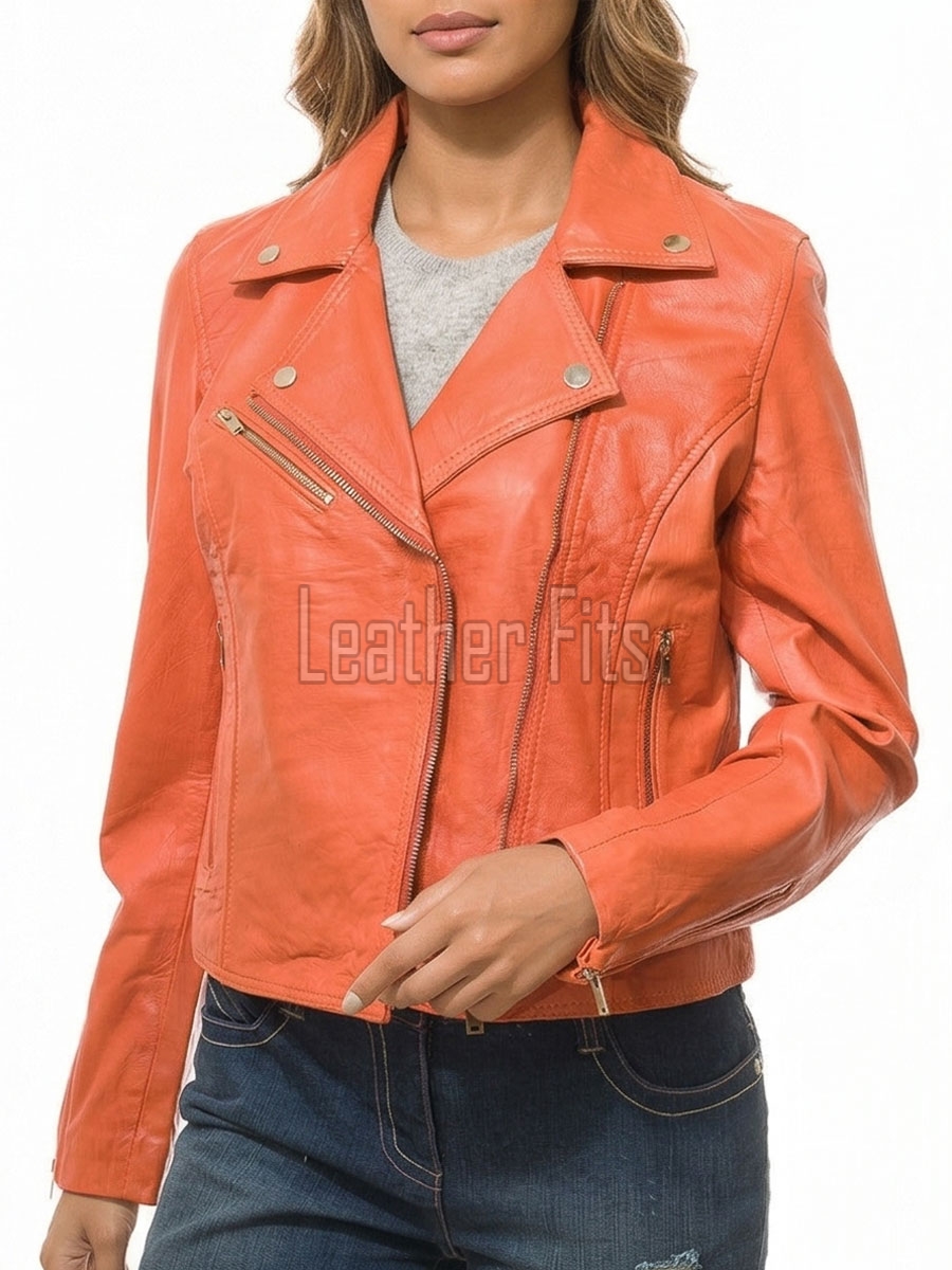 Women's Luxury Orange Leather Biker Jacket - Slim Fit Asymmetric Genuine Lambskin Motorcycle Statement Classic Coral Moto Coat