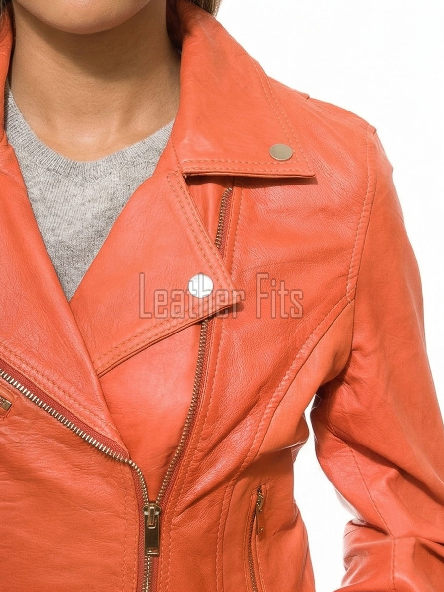 Women's Luxury Orange Leather Biker Jacket - Slim Fit Asymmetric Genuine Lambskin Motorcycle Statement Classic Coral Moto Coat