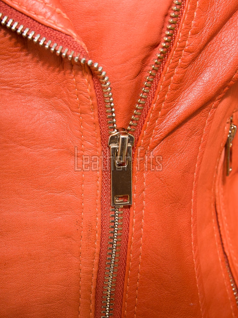Women's Luxury Orange Leather Biker Jacket - Slim Fit Asymmetric Genuine Lambskin Motorcycle Statement Classic Coral Moto Coat