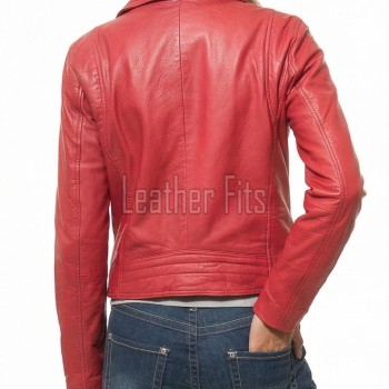 Women's Opulent Red Leather Biker Jacket - Slim Fit Asymmetric Genuine Lambskin Motorcycle Statement Classic Cherry Moto Coat