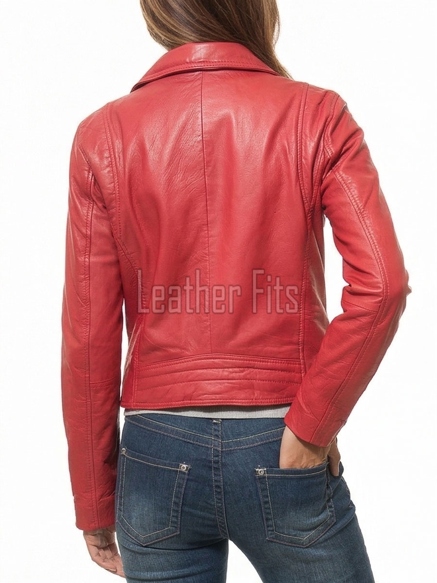 Women's Opulent Red Leather Biker Jacket - Slim Fit Asymmetric Genuine Lambskin Motorcycle Statement Classic Cherry Moto Coat