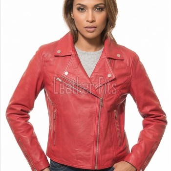 Women's Opulent Red Leather Biker Jacket - Slim Fit Asymmetric Genuine Lambskin Motorcycle Statement Classic Cherry Moto Coat