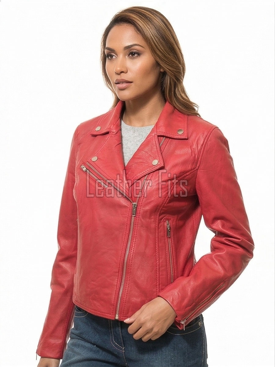 Women's Opulent Red Leather Biker Jacket - Slim Fit Asymmetric Genuine Lambskin Motorcycle Statement Classic Cherry Moto Coat