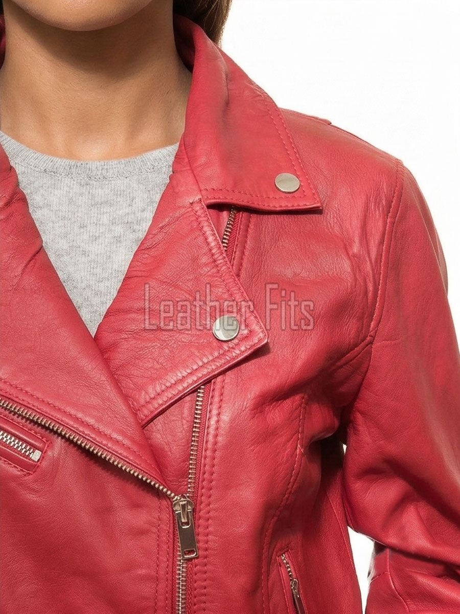 Women's Opulent Red Leather Biker Jacket - Slim Fit Asymmetric Genuine Lambskin Motorcycle Statement Classic Cherry Moto Coat