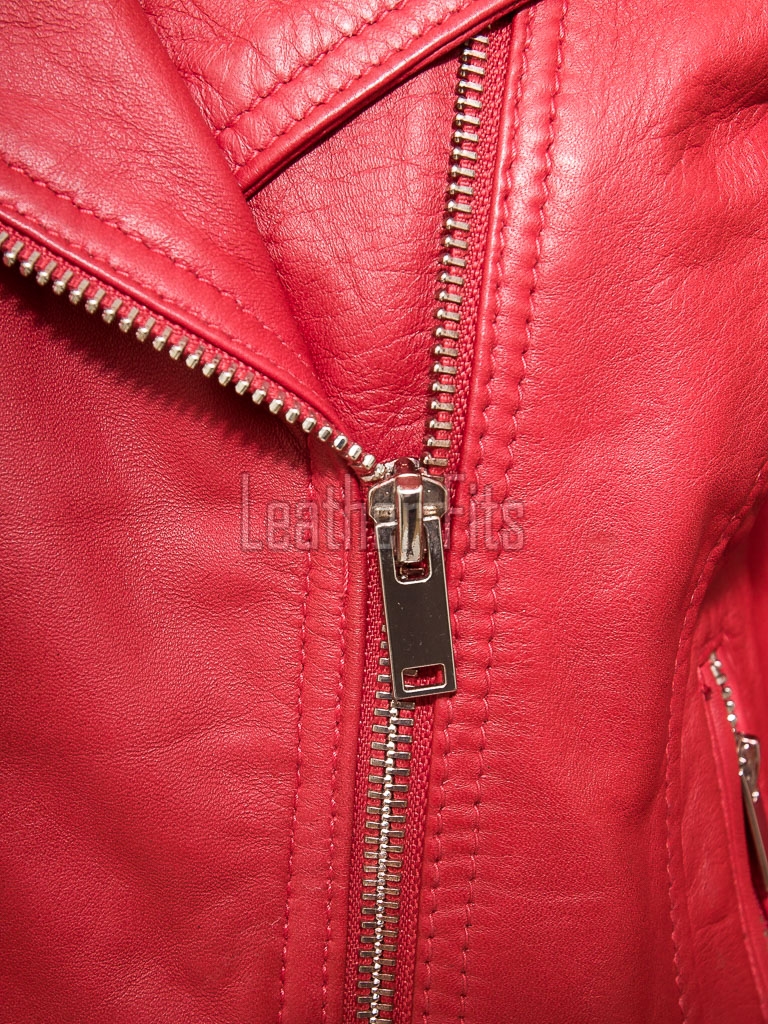 Women's Opulent Red Leather Biker Jacket - Slim Fit Asymmetric Genuine Lambskin Motorcycle Statement Classic Cherry Moto Coat