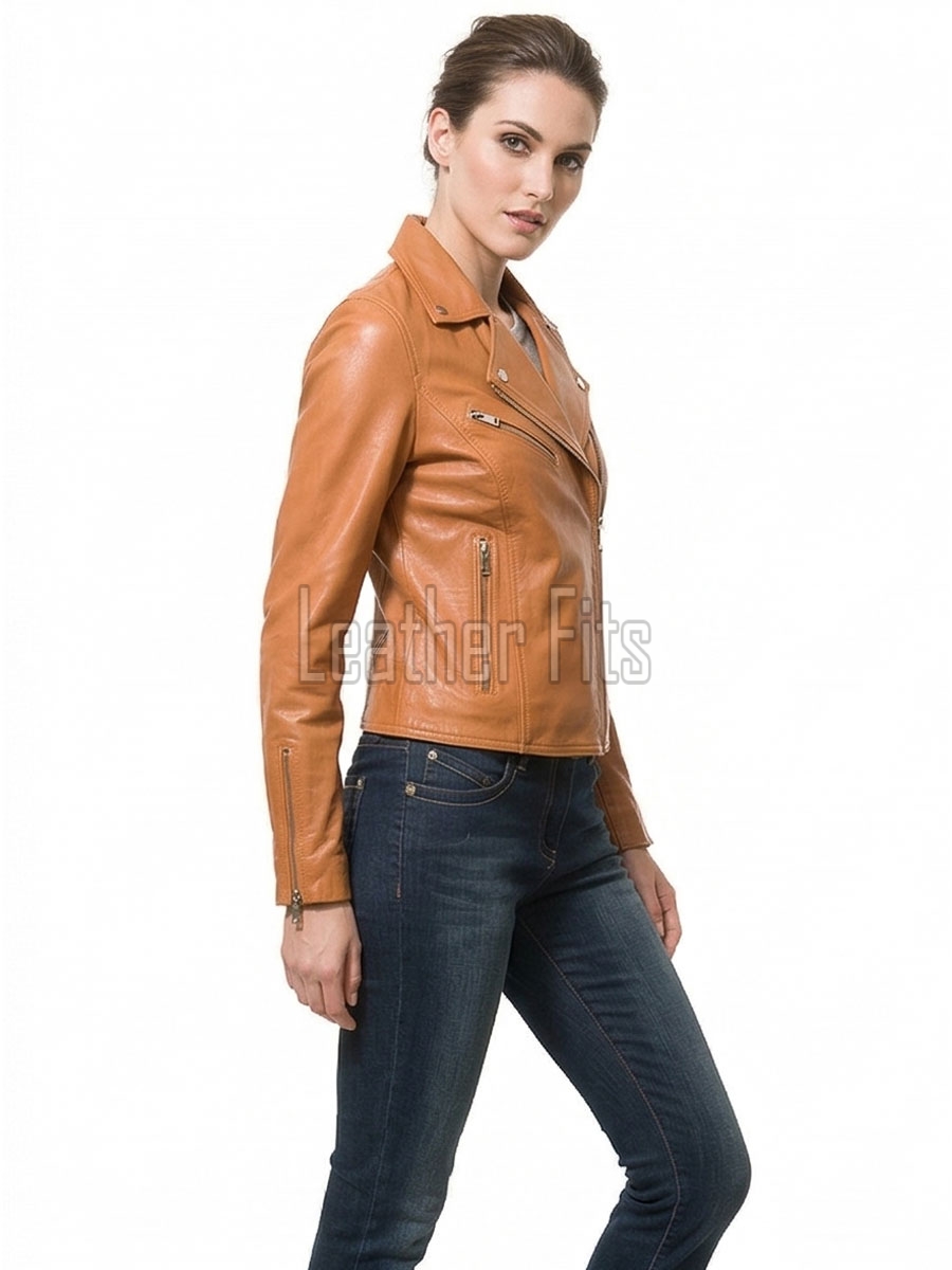 Women's Opulent Tan Leather Biker Jacket - Slim Fit Asymmetric Genuine Sheepskin Motorcycle Statement Classic Camel Moto Coat