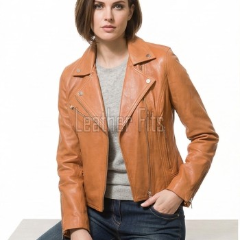 Women's Opulent Tan Leather Biker Jacket - Slim Fit Asymmetric Genuine Sheepskin Motorcycle Statement Classic Camel Moto Coat