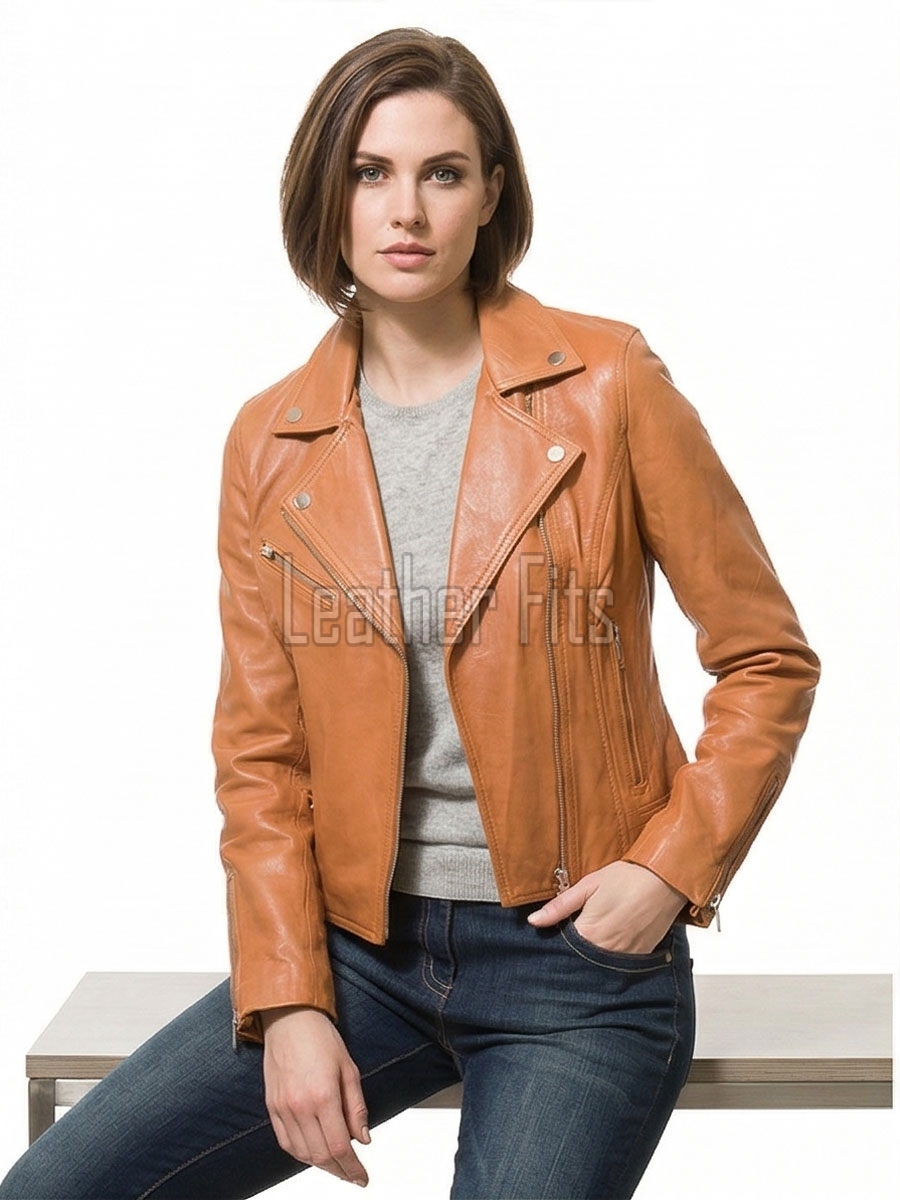Women's Opulent Tan Leather Biker Jacket - Slim Fit Asymmetric Genuine Sheepskin Motorcycle Statement Classic Camel Moto Coat