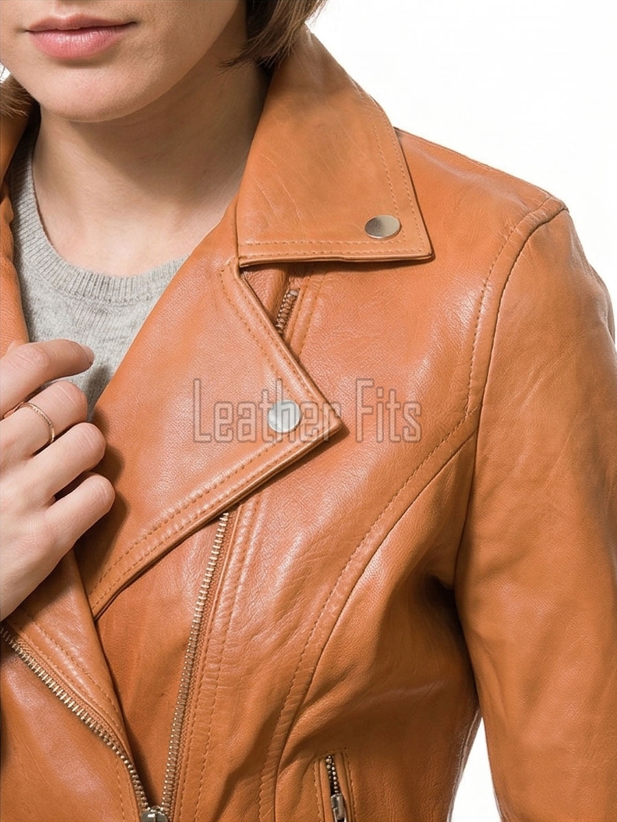 Women's Opulent Tan Leather Biker Jacket - Slim Fit Asymmetric Genuine Sheepskin Motorcycle Statement Classic Camel Moto Coat