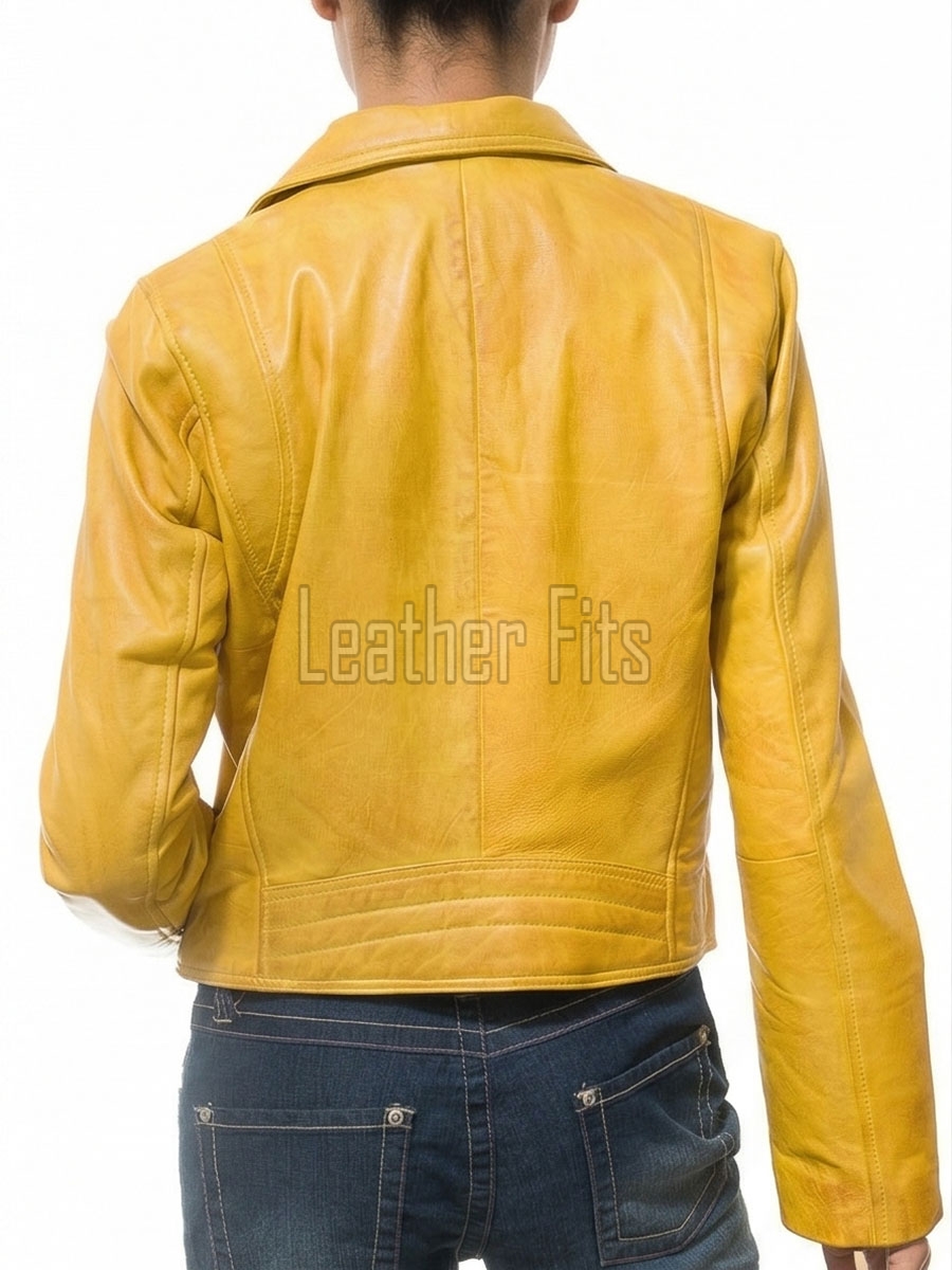 Women's Sumptuous Yellow Leather Biker Jacket - Slim Fit Asymmetric Genuine Cowhide Motorcycle Statement Classic Mustard Moto Coat
