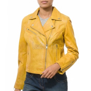 Women's Sumptuous Yellow Leather Biker Jacket - Slim Fit Asymmetric Genuine Cowhide Motorcycle Statement Classic Mustard Moto Coat