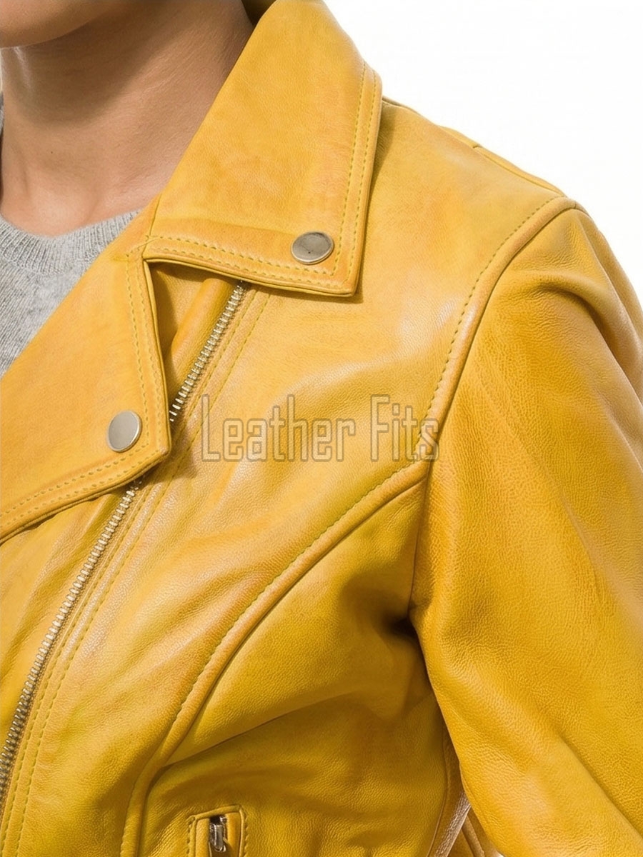 Women's Sumptuous Yellow Leather Biker Jacket - Slim Fit Asymmetric Genuine Cowhide Motorcycle Statement Classic Mustard Moto Coat