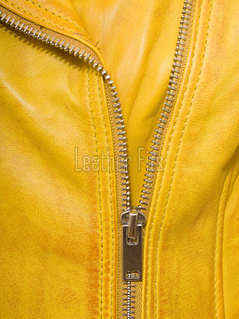 Women's Sumptuous Yellow Leather Biker Jacket - Slim Fit Asymmetric Genuine Cowhide Motorcycle Statement Classic Mustard Moto Coat