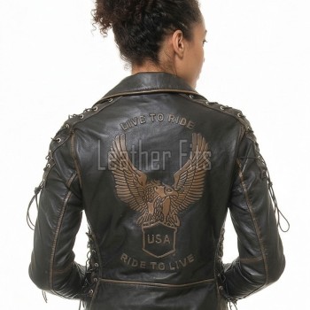 Women's Elite Distressed Leather Biker Jacket - Vintage Asymmetric Genuine Cowhide Eagle Graphic Motorcycle Heavy Rider Moto Coat