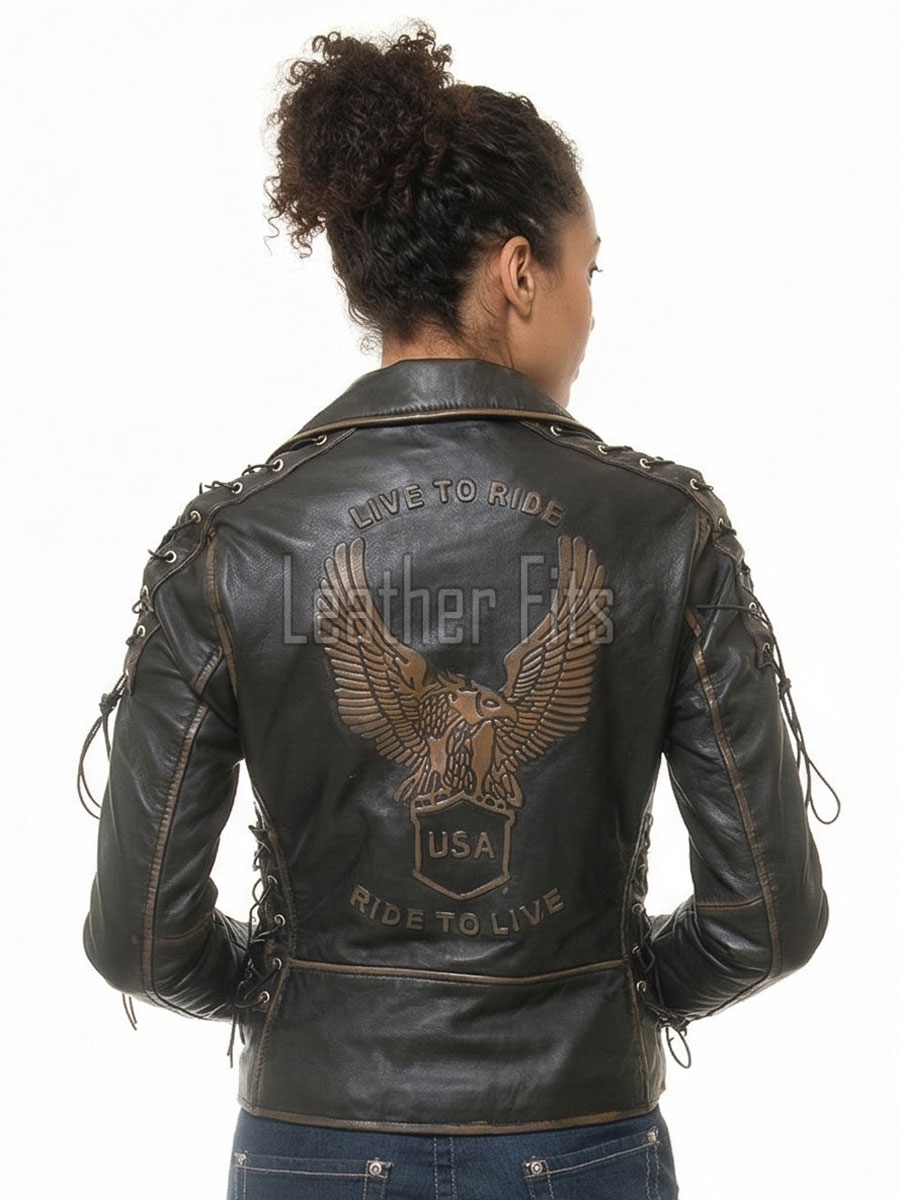 Women's Elite Distressed Leather Biker Jacket - Vintage Asymmetric Genuine Cowhide Eagle Graphic Motorcycle Heavy Rider Moto Coat